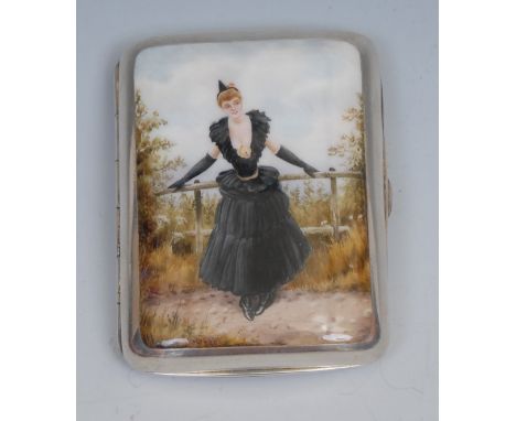 A Victorian silver and enamel curved rounded rectangular cigarette case, hinged cover decorated with a young lady in a black 