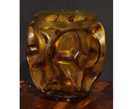 A René Jules Lalique (6 April 1860 – 1 May 1945) Tourbillons pattern ovoid amber glass vase, moulded with fern leaf shaped sc