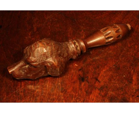 Nutcrackers - a Black Forest novelty screw-action nut cracker, carved as the head of a dog, lotus grip, 21.5cm long, c.1870 