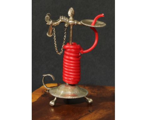 A George III  silver wax jack, the sprung arms with circular beaded tray, divided by spirally fluted finial, domed base, acan
