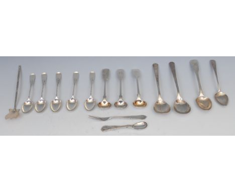 A collection of George III and later silver teaspoons and other small flatware, various dates and makers (qty), 220g 