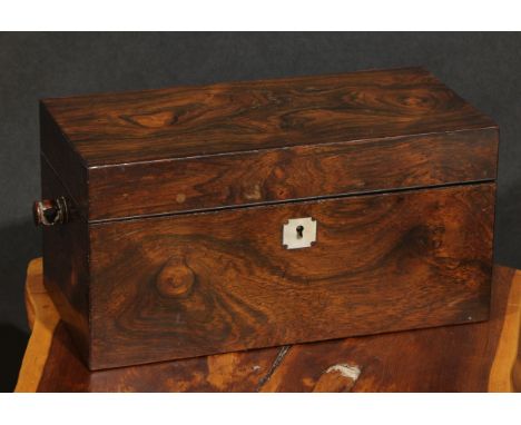 An early Victorian rosewood rectangular tea caddy, hinged cover enclosing a glass bowl and a pair of canisters, mother of pea