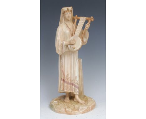 A Royal Worcester figure, of a Egyptian musician, modelled by James Hadley, the figure in Eastern dress coloured in shot enam