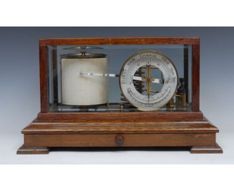 A late Victorian oak barograph, 11cm silvered  barometer dial with mercury thermometer, Capt. O.M. Watts Ltd, London W.1., fi