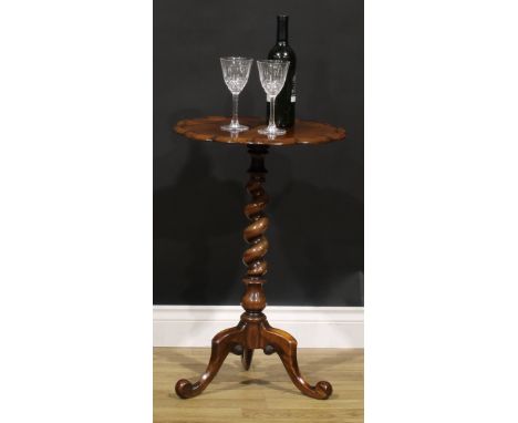 A Victorian rosewood tripod wine table, dished shaped circular top, spirally turned pillar, cabriole legs, 71cm high, 47cm wi