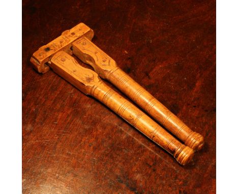 Nutcrackers - an 18th century boxwood lever-action nut cracker, constructed with independent levers, scratched initials NH, 1