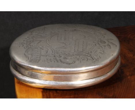 An 18th century silver oval snuff or tobacco box, push-fitting cover engraved with an armorial, struck three times with maker