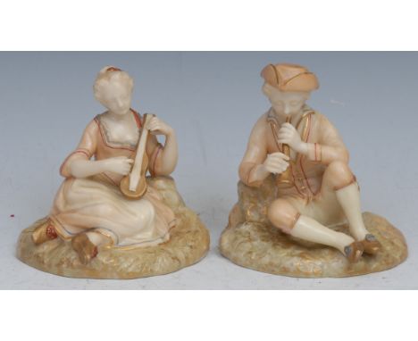 A pair of Royal Worcester figures, as young man and lady musicians, in 18th century costume, he playing a pipe, she a mandoli