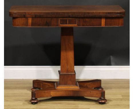 A George/William IV rosewood card table, hinged top enclosing a baize lined playing surface, above a deep freeze, stepped col