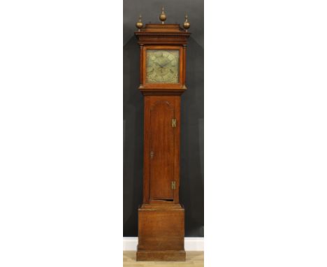 A ‘George III’ oak longcase clock, 28.5cm square brass dial inscribed W Barnard, Newark, 1239, Roman and subsidiary Arabic nu