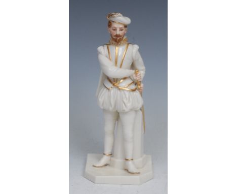 A rare Royal Worcester figure, after James Hadley, Sir Walter Raleigh, standing holding his sword, picked out in flesh tones 