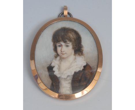 English School, 19th century, a portrait miniature, of a young boy, head and shoulders, wearing a brown coat and white frill 