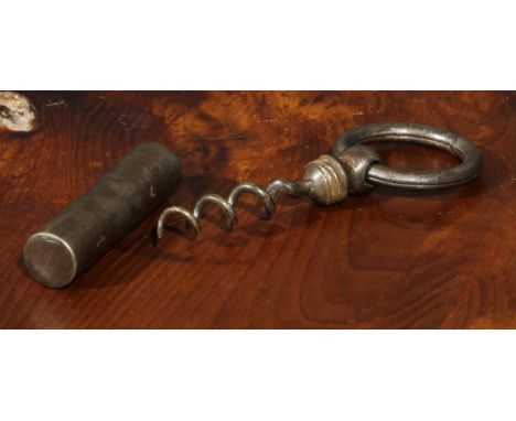 A 19th century steel travelling pocket corkscrew, by R Jones &amp; Son, ring finial, 7.5cm long 