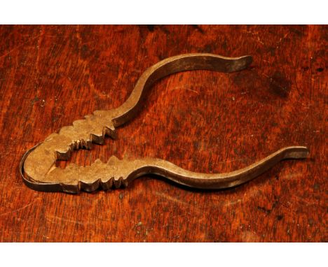 Nutcrackers - an early 18th century Spanish steel sprung lever-action nut cracker, 12cm long, c.1720 