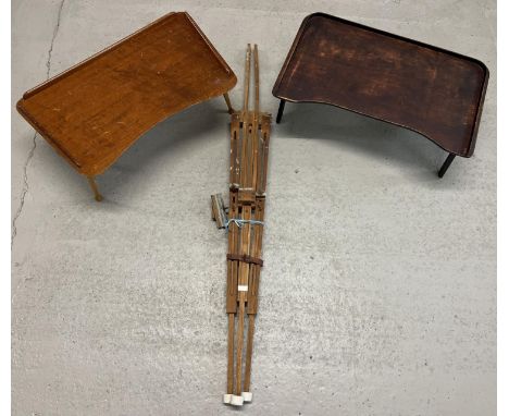 2 vintage folding wooden bed tables together with a folding tripod easel. 