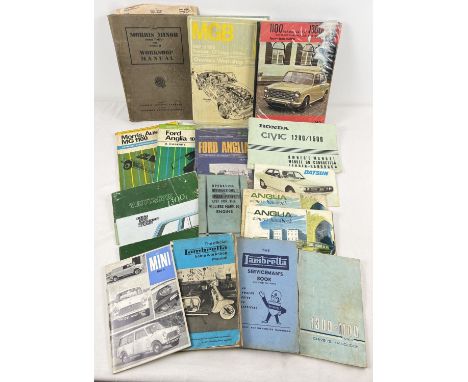 A collection of assorted vintage car manuals and handbooks. To include: Ford Anglia, Morris Minor, Lambretta, Mini and Triump