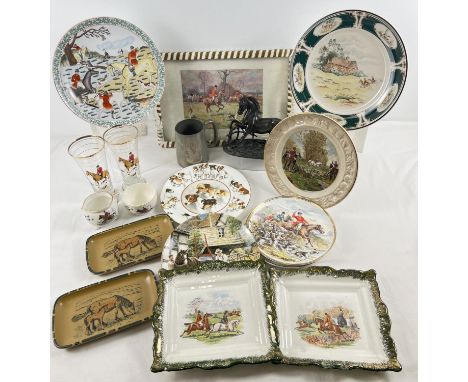 A collection of hunting scene and horse related items. To include ceramic plates, glasses, serving tray, pewter Morpeth Hunt 