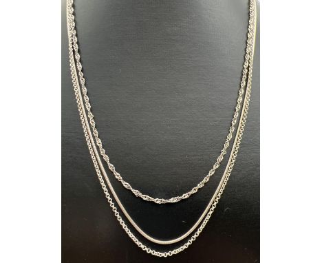 3 silver chain necklaces with spring ring clasps. A 20" fine belcher chain, 18" Singapore style chain and 18" snake chain (cl