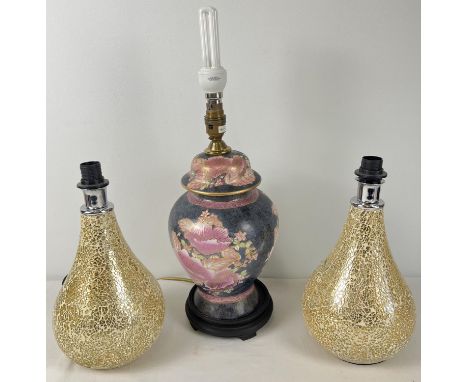 A pair of modern gold coloured crackle glaze mosaic style pear shaped table/bedside lamps. Together with a Chinese style cera