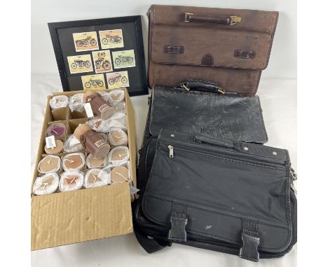 A box of 23 new candles (one missing), together with a set of 6 framed &amp; glazed AJS Series cards and 3 satchels/briefcase