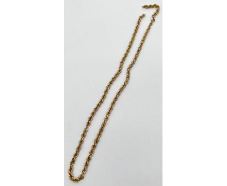 A 9ct gold 18" rope chain necklace with spring ring clasp, for scrap or repair.&nbsp;&nbsp;Approx. 6.5g.