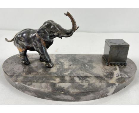 A French Art Deco design marble based standish desk stand with spelter figure of an elephant. Grey marble with hinge lidded i