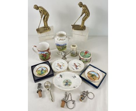 A collection of assorted golfing related collectables to include ceramics, brass figures, pewter bottle stoppers, corkscrew a