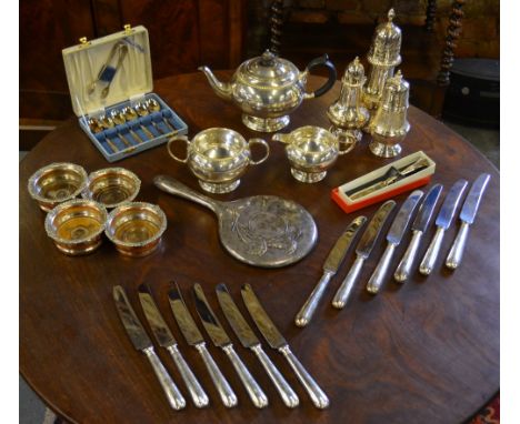 A Mappin & Webb Princes plate 3 piece tea service to/w four small coasters, three sugar casters, set of knives with electropl