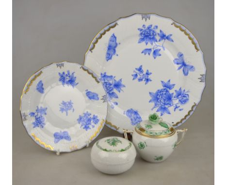 Herend, Hungary dinner plate and matching side plate decorated with blue flowers and butterflies to/w a Herend twin handle po