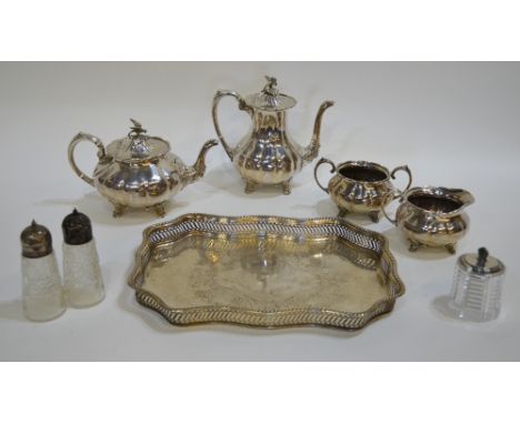 An Art Deco cut glass preserve pot with silver cover, Birmingham 1937, to/w an electroplated four piece tea/coffee service an