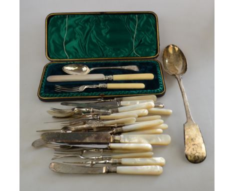 A Victorian cased silver Christening set of knife and fork with ivory handles and engraved spoons (very little used), to/w an