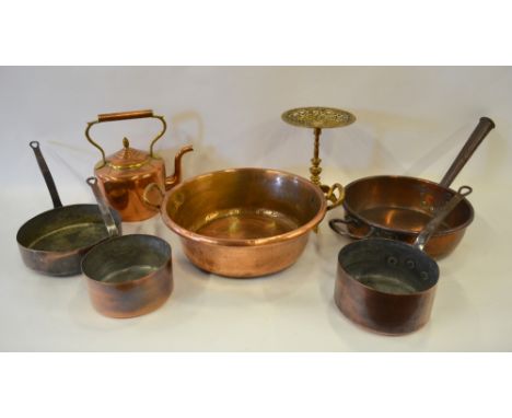 A Victorian copper and brass kettle on cast brass tripod trivet, to/w two copper preserving pans and three other copper pans 