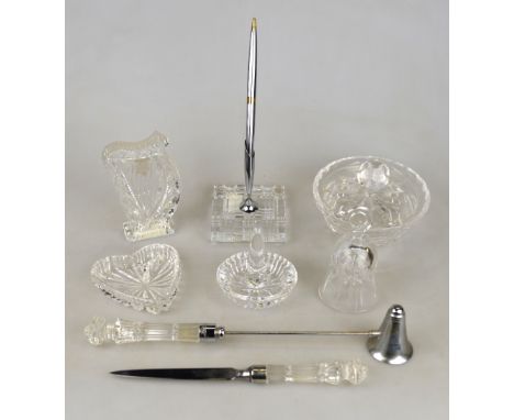 A small collection of Waterford Crystal:  Jam pot and cover, ring tidy, heart shaped trinket dish, Irish harp, pen holder, pa