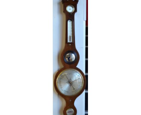 A Victorian satinwood edged mahogany wheel barometer having silvered dial and thermometer over a conforming level signed A & 