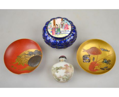A Chinese Canton enamel circular lobed pot and cover, the bowl decorated with two panels depicting village river scenes, the 
