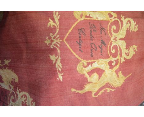 Pair of heavy lined and inter-lined curtains, terracotta ground with maize lion and unicorn motif, to/w five co-ordinating cu