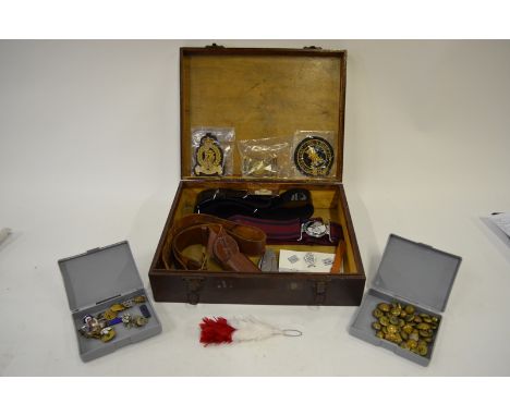 Militaria - a Gurkha Regt webbing belt to/w an Irish Guards patent black leather belt/buckle, an officers brown leather sword