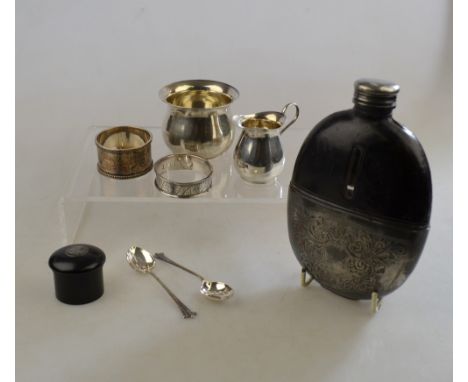 An Edwardian silver small milk and sugar pair, Birmingham 1903/04 to/w two napkin rings, two coffee spoons, a silver-mounted 