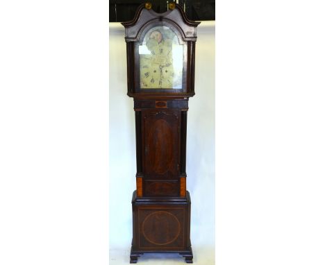 I. Kaye, Liverpool, 19th century 8-day mahogany longcase clock, the painted arched dial with moon-phase (30 x 55 cm), the cas