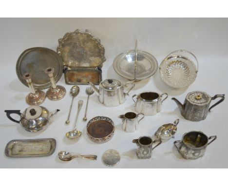A Victorian Sheffield plate salver with engraved decoration, to/w two fruit baskets, three piece tea service, two other teapo