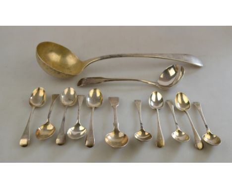 A George III silver fiddle pattern sauce ladle, London 1807, to/w a heavy quality soup ladle, Sheffield 1919 and various tea 