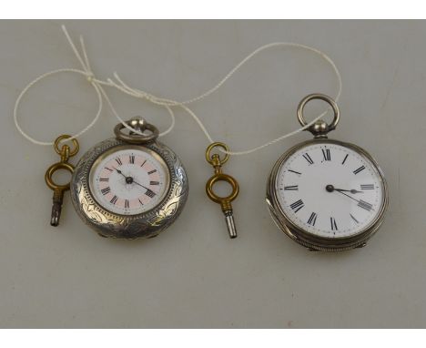 Two Swiss 'Fine Silver' ladies' fob watches with enamel dials
