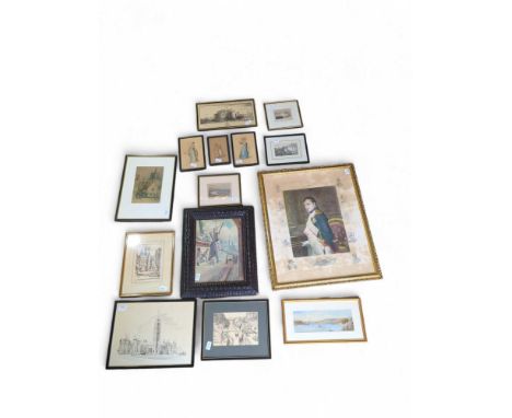 An interesting coloured lithograph of Napoleon, surrounded by various images related to his lifetime around, 65.7cm x 53cm, f