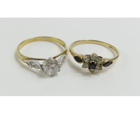 A 9ct gold sapphire and CZ ring, finger size Q and a 9ct gold CZ single stone ring, finger size P 1/2, 3.5g gross, cased