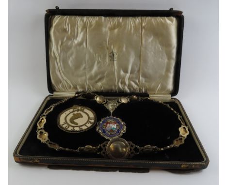 Silver gilt and enamel ceremonial medallion and chain, by Charles Usher, Birmingham, 1928, the polychromed enamel jewel prese