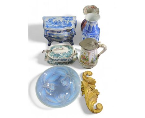 G Vallon - a French opalescent glass bowl with decoration of cherries; together with a blue and white ceramic bombe shaped mi