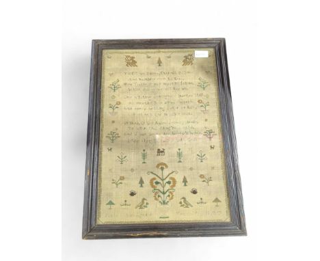A 19th Century sampler worked in coloured wools with verse, trees, animals and flowers, "signed" at base (faded), 47cms x 32c