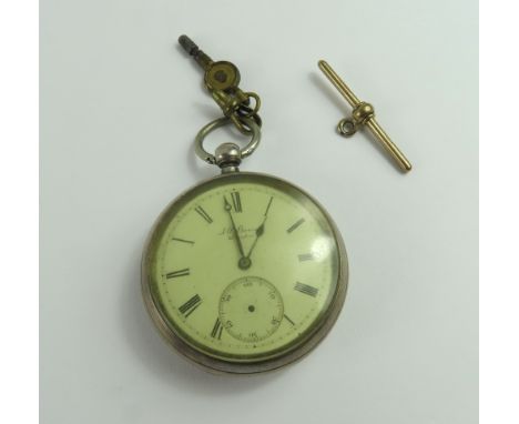 J W Benson - a late Victorian silver cased open face pocket watch, the round white enamel dial with black Roman numerals and 