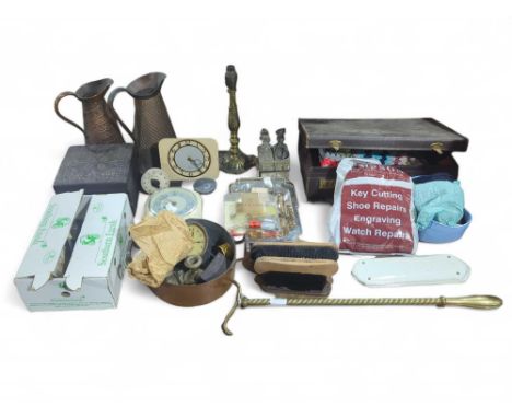 Four white ceramic finger panels, a Smith's wall clock with cream plastic case, sewing items, a silver plated cruet and vario
