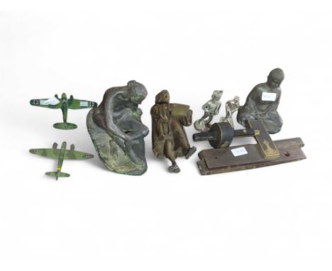 A mixed selection of items including woodworking tools, metal figures and diecast WWII aircraft